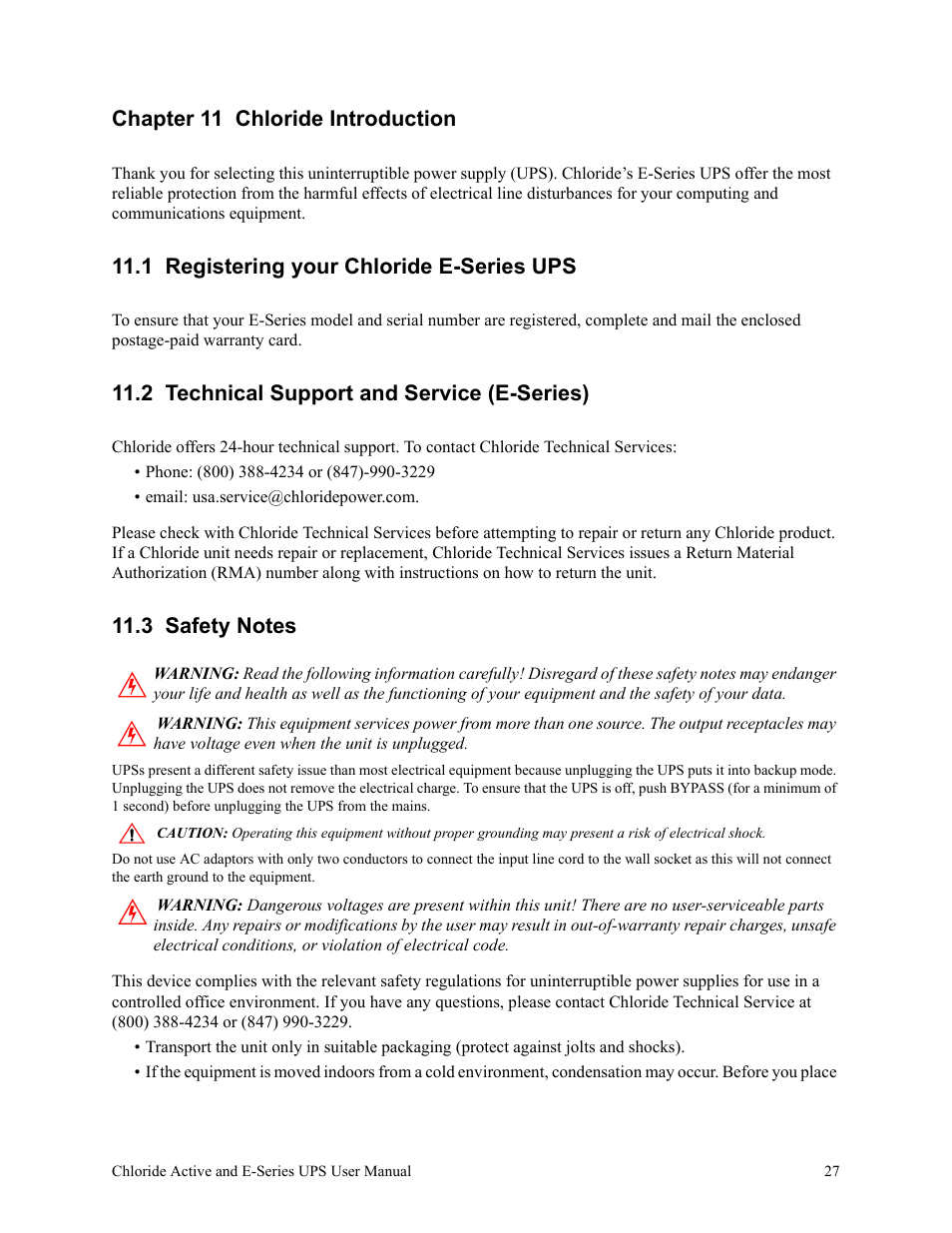 Chapter 11 chloride introduction, 1 registering your chloride e-series ups, 2 technical support and service (e-series) | 3 safety notes | Rackmount Solutions VA 10000 User Manual | Page 31 / 58