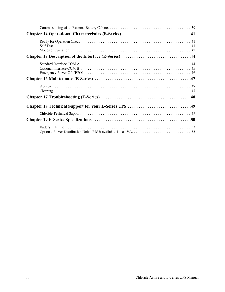 Chapter 16 maintenance (e-series) 47, Chapter 17 troubleshooting (e-series) 48, Chapter 19 e-series specifications 50 | Rackmount Solutions VA 10000 User Manual | Page 4 / 58