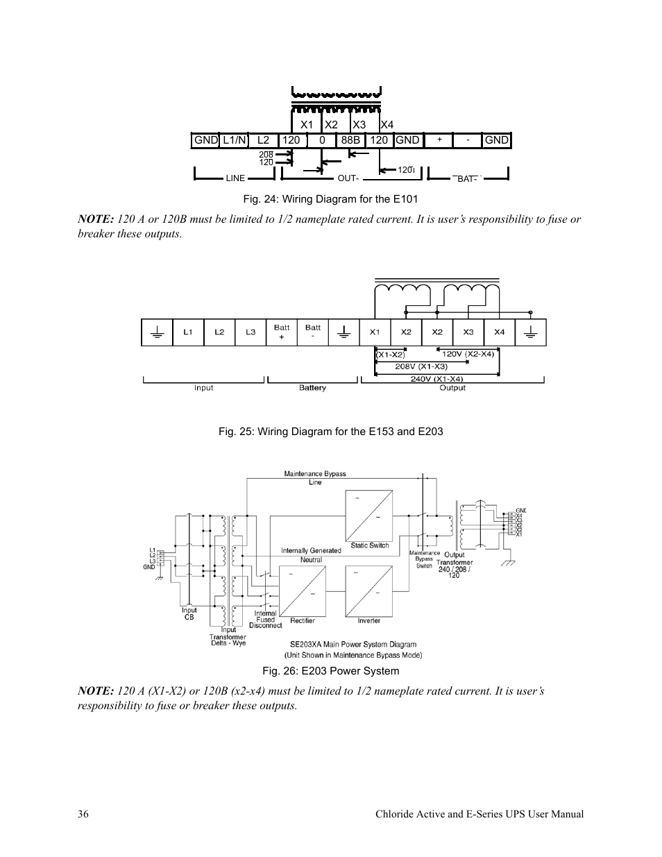 Fig. 24: wiring diagram for the e101, Fig. 25: wiring diagram for the e153 and e203, Fig. 26: e203 power system | Rackmount Solutions VA 10000 User Manual | Page 40 / 58