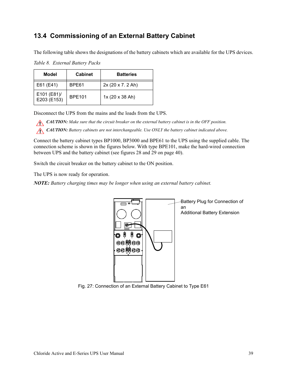 4 commissioning of an external battery cabinet, Table 8. external battery packs | Rackmount Solutions VA 10000 User Manual | Page 43 / 58