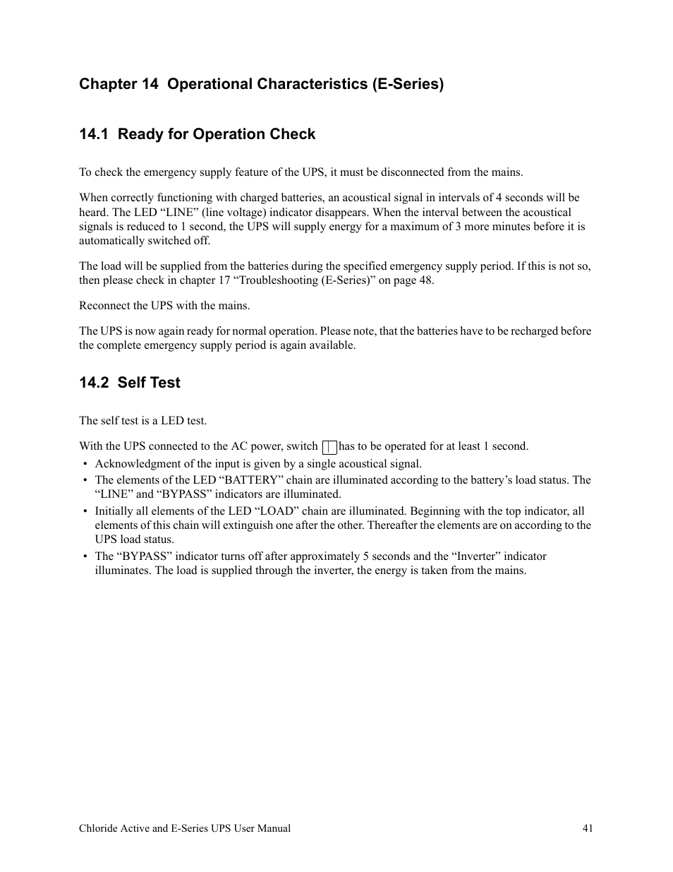 Chapter 14 operational characteristics (e-series), 1 ready for operation check, 2 self test | Rackmount Solutions VA 10000 User Manual | Page 45 / 58