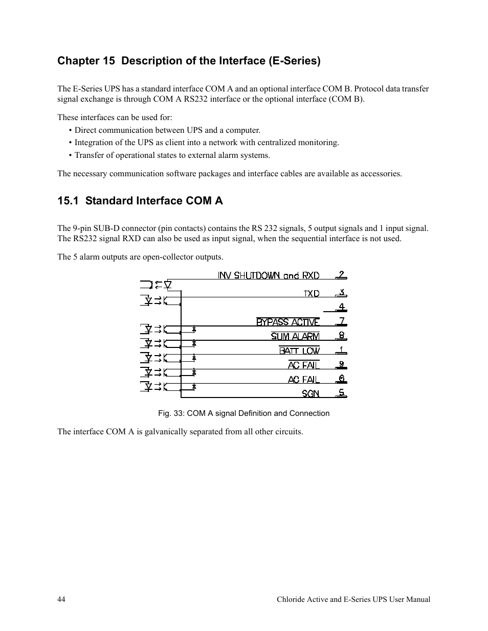 Chapter 15 description of the interface (e-series), 1 standard interface com a, Fig. 33: com a signal definition and connection | Rackmount Solutions VA 10000 User Manual | Page 48 / 58