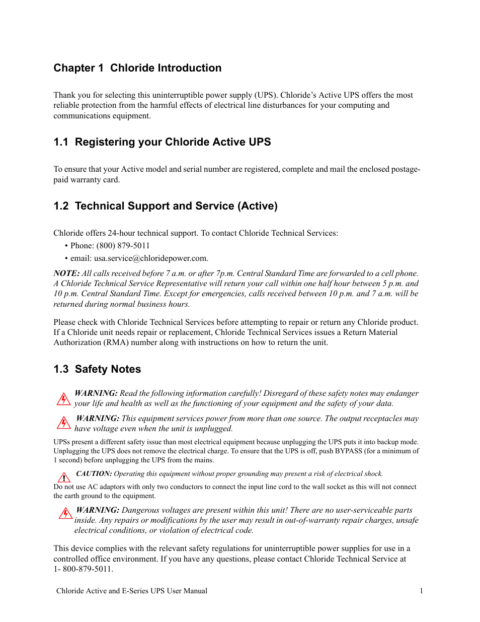 Chapter 1 chloride introduction, 1 registering your chloride active ups, 2 technical support and service (active) | 3 safety notes | Rackmount Solutions VA 10000 User Manual | Page 5 / 58