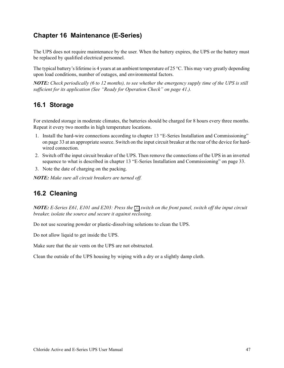 Chapter 16 maintenance (e-series), 1 storage, Note the date of charging on the packing | 2 cleaning | Rackmount Solutions VA 10000 User Manual | Page 51 / 58