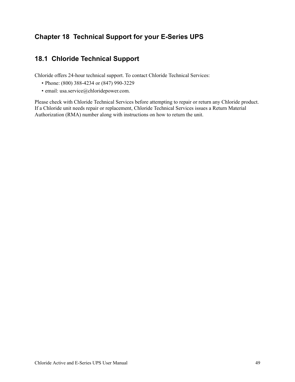 Chapter 18 technical support for your e-series ups, 1 chloride technical support | Rackmount Solutions VA 10000 User Manual | Page 53 / 58