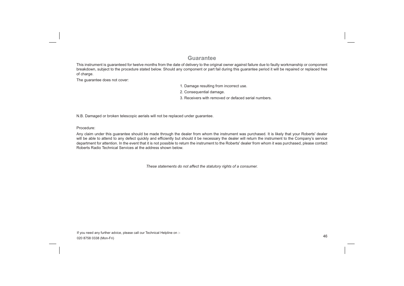 Guarantee | Roberts Radio Gemini 33 CRD-33 User Manual | Page 47 / 48