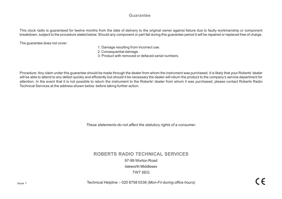 Roberts radio technical services | Roberts Radio CR9931 User Manual | Page 12 / 12