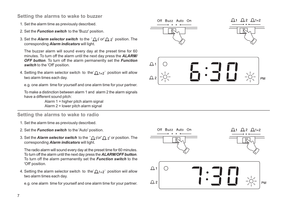 Setting the alarms to wake to buzzer, Setting the alarms to wake to radio | Roberts Radio CR9931 User Manual | Page 8 / 12