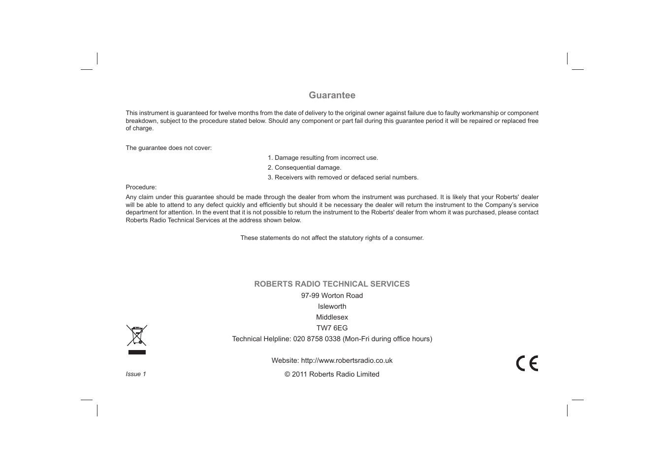 Guarantee | Roberts Radio DreamTime2 User Manual | Page 32 / 32