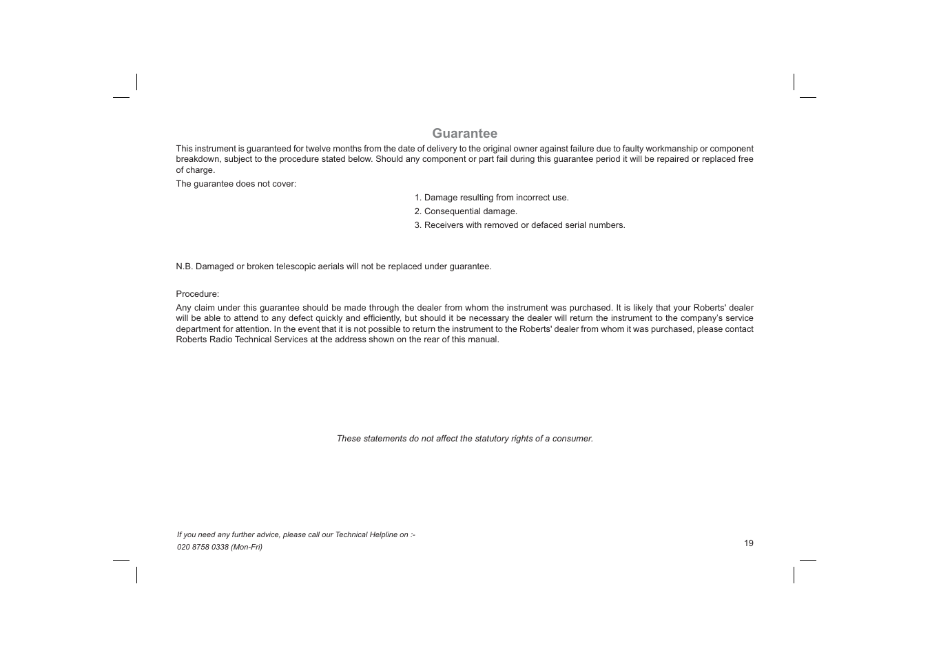 Guarantee | Roberts Radio R9974 User Manual | Page 19 / 20