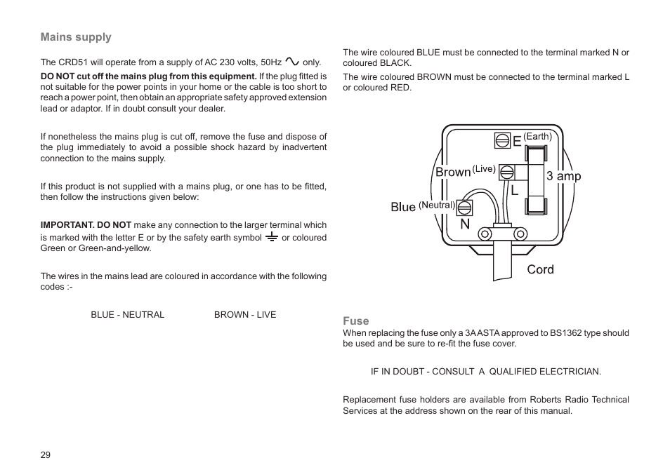 Mains supply, Fuse | Roberts Radio CRD-51 User Manual | Page 30 / 32