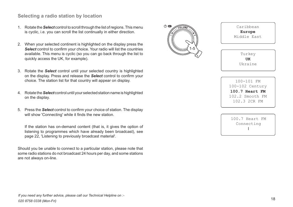Selecting a radio station by location | Roberts Radio WM201 User Manual | Page 19 / 64