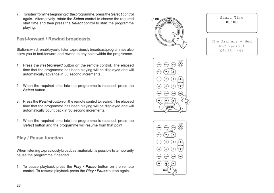Fast-forward / rewind broadcasts, Play / pause function | Roberts Radio WM201 User Manual | Page 24 / 64