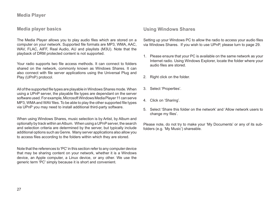 Media player media player basics, Using windows shares | Roberts Radio WM201 User Manual | Page 28 / 64
