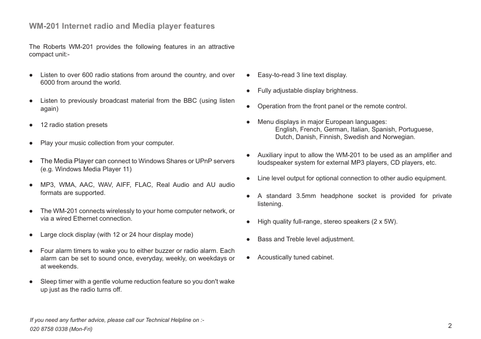 Wm-201 internet radio and media player features | Roberts Radio WM201 User Manual | Page 3 / 64