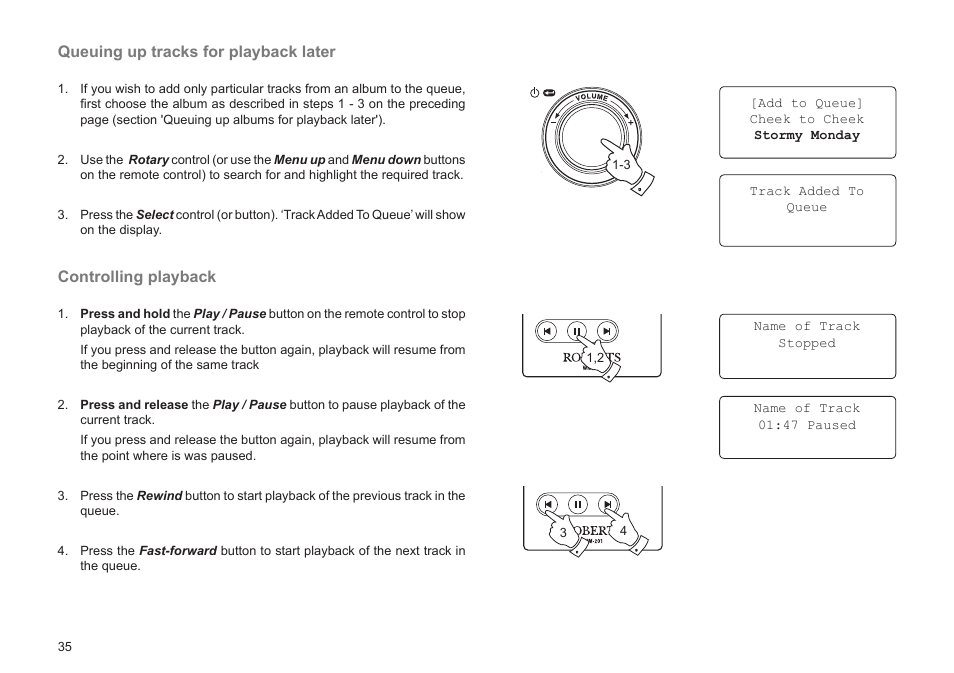 Queuing up tracks for playback later, Controlling playback | Roberts Radio WM201 User Manual | Page 36 / 64