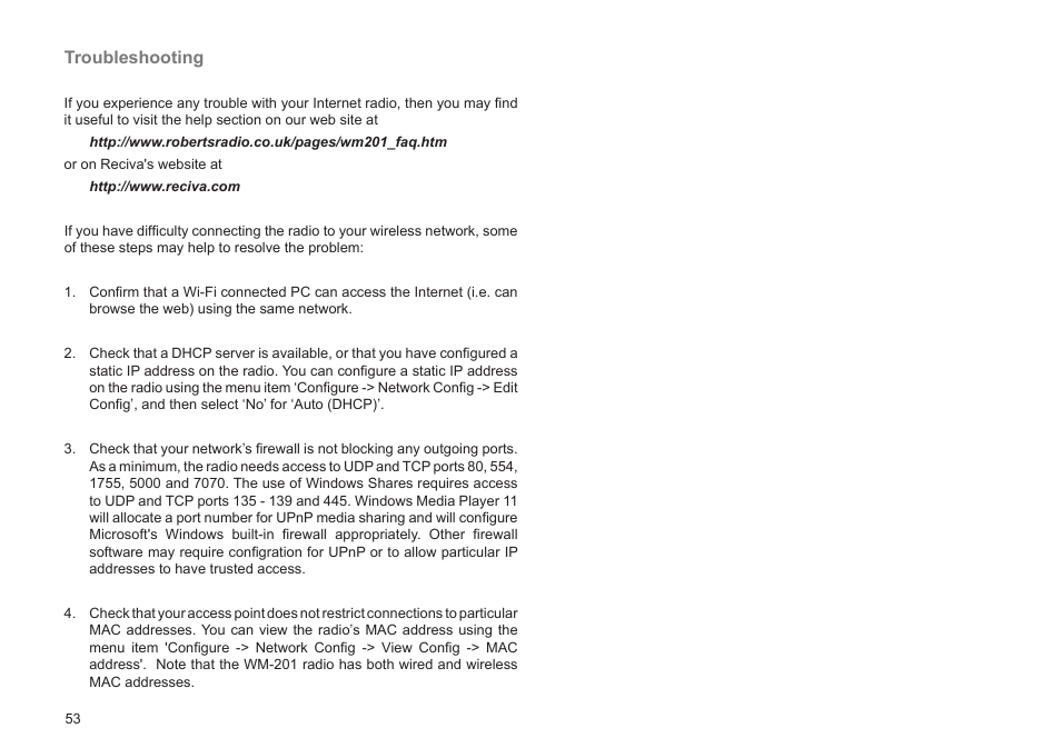 Troubleshooting | Roberts Radio WM201 User Manual | Page 54 / 64