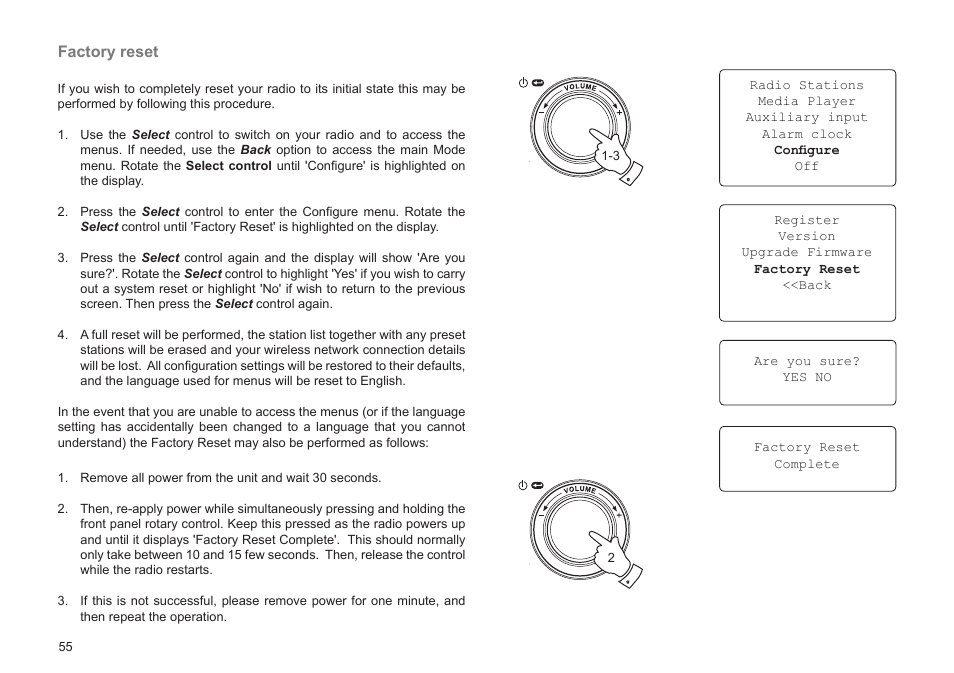 Factory reset | Roberts Radio WM201 User Manual | Page 56 / 64
