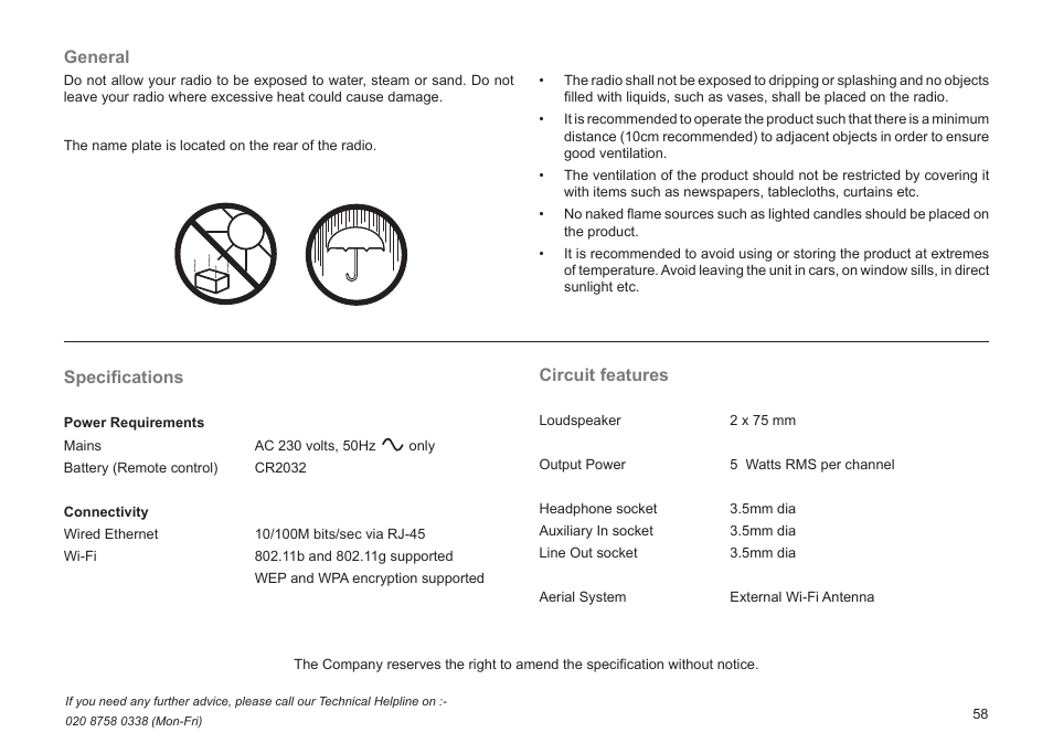 Speciﬁcations, Circuit features, General | Roberts Radio WM201 User Manual | Page 59 / 64