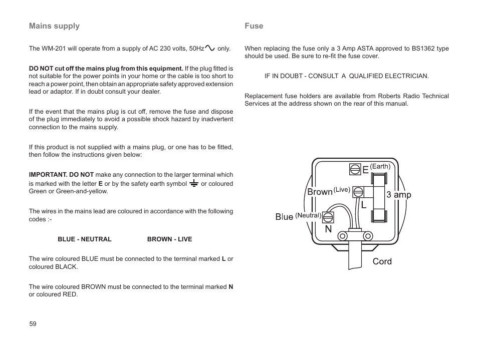 Mains supply, Fuse | Roberts Radio WM201 User Manual | Page 60 / 64
