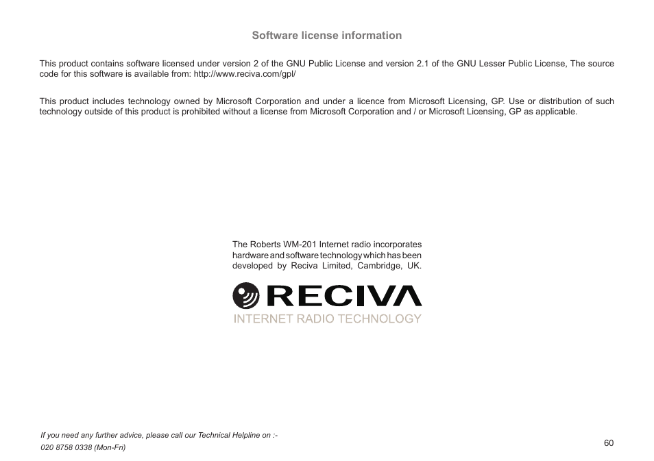 Software license information | Roberts Radio WM201 User Manual | Page 61 / 64