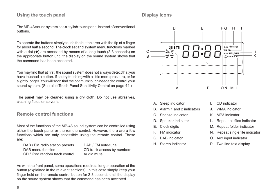 Using the touch panel, Remote control functions, 8display icons | Roberts Radio MP-43 User Manual | Page 10 / 52