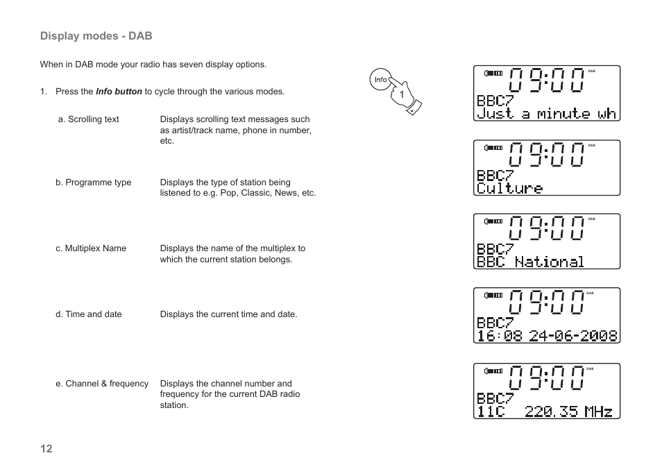 12 display modes - dab | Roberts Radio MP-43 User Manual | Page 14 / 52