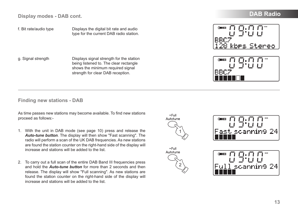 Dab radio, Display modes - dab cont, Finding new stations - dab | Roberts Radio MP-43 User Manual | Page 15 / 52