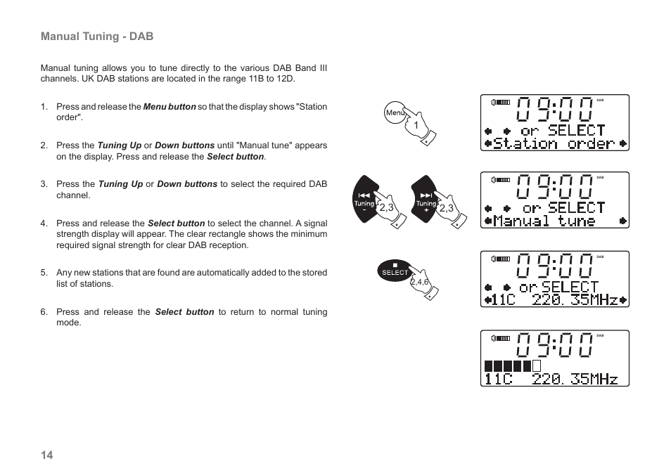 14 manual tuning - dab | Roberts Radio MP-43 User Manual | Page 16 / 52