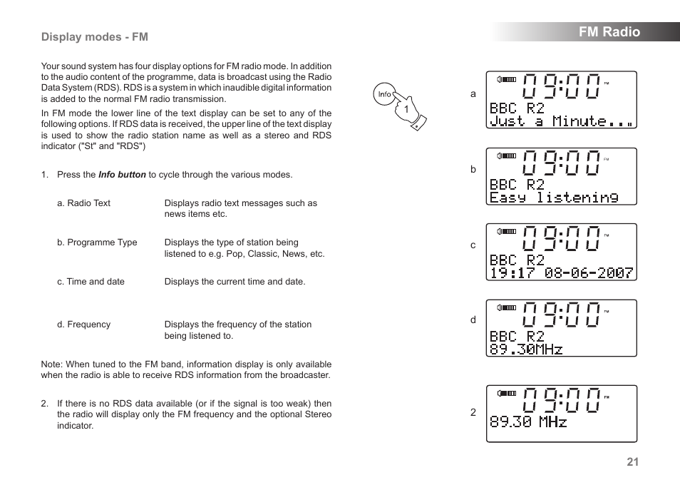 Fm radio, Display modes - fm | Roberts Radio MP-43 User Manual | Page 23 / 52