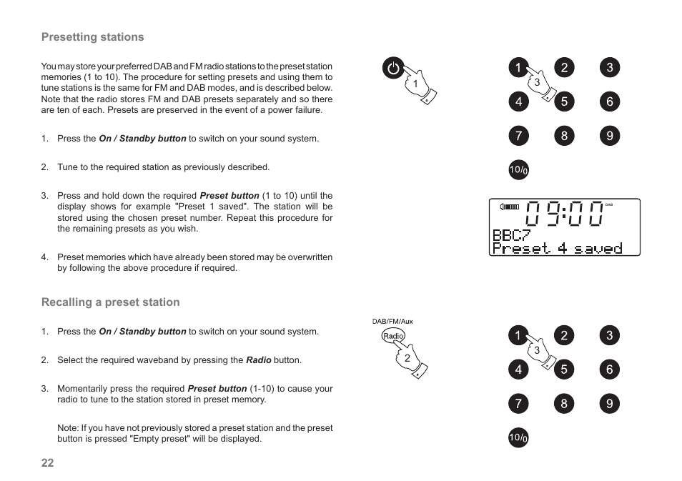 22 presetting stations, Recalling a preset station | Roberts Radio MP-43 User Manual | Page 24 / 52