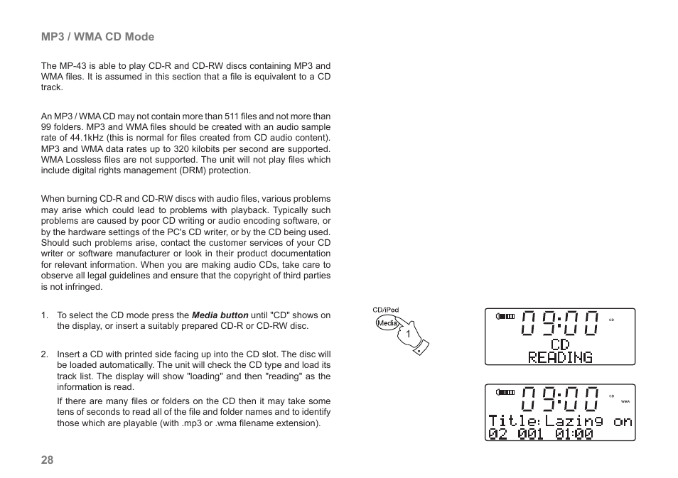 28 mp3 / wma cd mode | Roberts Radio MP-43 User Manual | Page 30 / 52