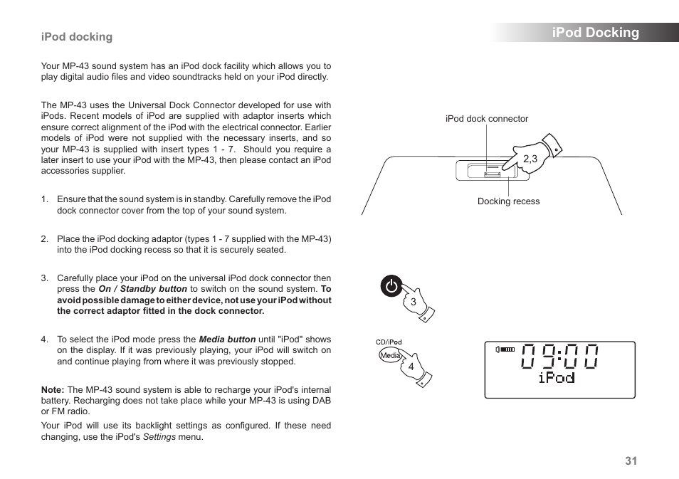 Ipod docking | Roberts Radio MP-43 User Manual | Page 33 / 52