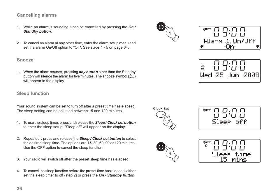 36 cancelling alarms, Snooze, Sleep function | Roberts Radio MP-43 User Manual | Page 38 / 52