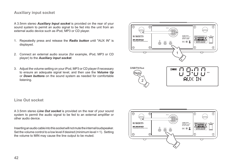 42 auxiliary input socket, Line out socket | Roberts Radio MP-43 User Manual | Page 44 / 52