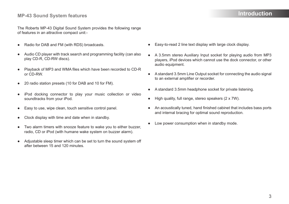 Introduction, Mp-43 sound system features | Roberts Radio MP-43 User Manual | Page 5 / 52