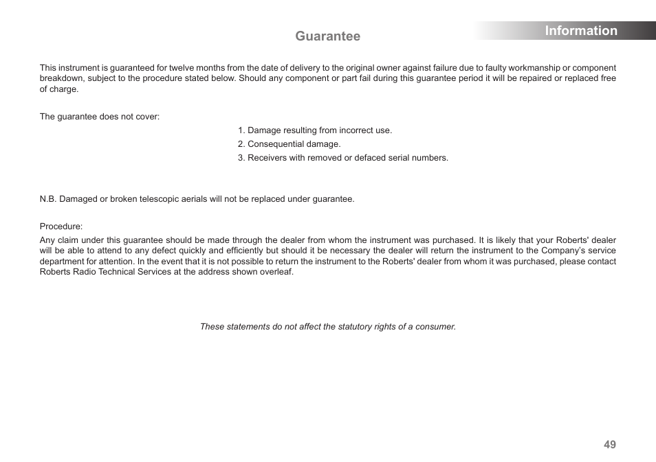 Information . guarantee | Roberts Radio MP-43 User Manual | Page 51 / 52
