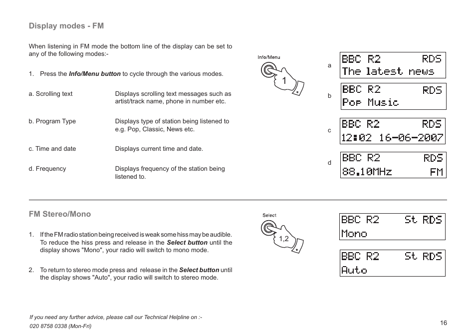 Display modes - fm, Fm stereo/mono | Roberts Radio Gemini 21 RD-21 User Manual | Page 17 / 28