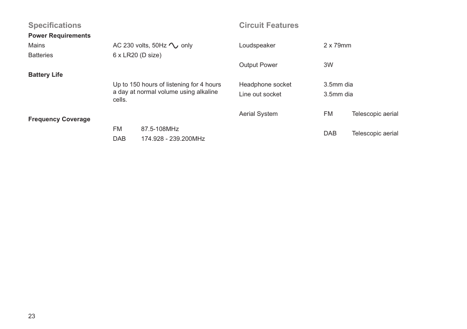 Speciﬁcations, Circuit features | Roberts Radio Gemini 21 RD-21 User Manual | Page 24 / 28