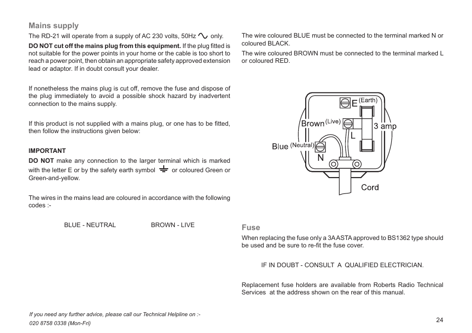 Mains supply, Fuse | Roberts Radio Gemini 21 RD-21 User Manual | Page 25 / 28