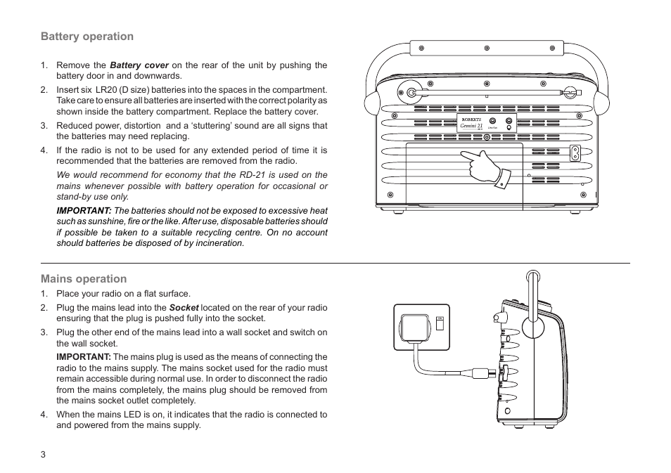 Battery operation, Mains operation | Roberts Radio Gemini 21 RD-21 User Manual | Page 4 / 28