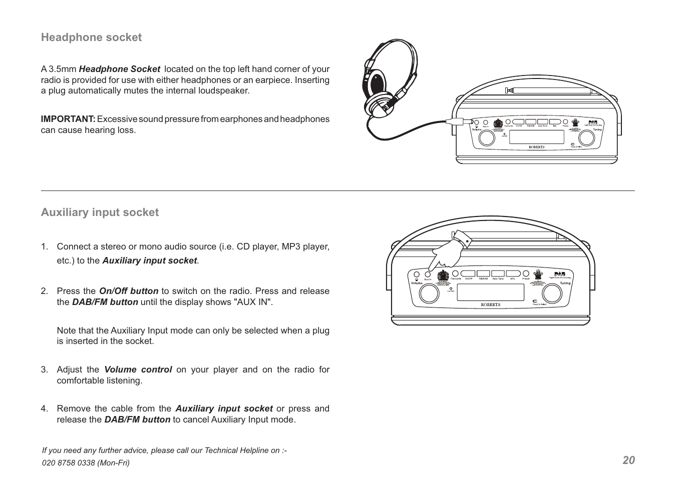 20 headphone socket, Auxiliary input socket | Roberts Radio Revival RD-60 User Manual | Page 21 / 24