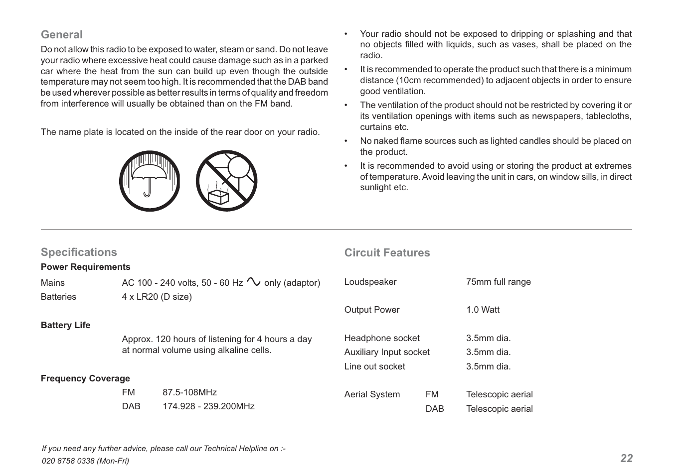 22 circuit features, Speciﬁ cations, General | Roberts Radio Revival RD-60 User Manual | Page 23 / 24
