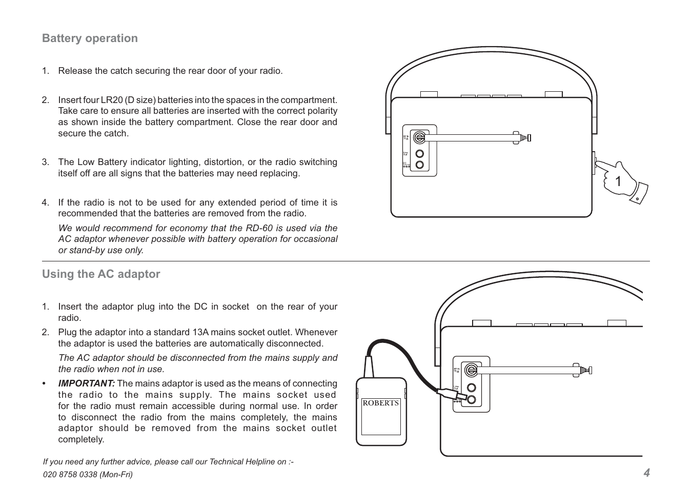 4battery operation, Using the ac adaptor | Roberts Radio Revival RD-60 User Manual | Page 5 / 24