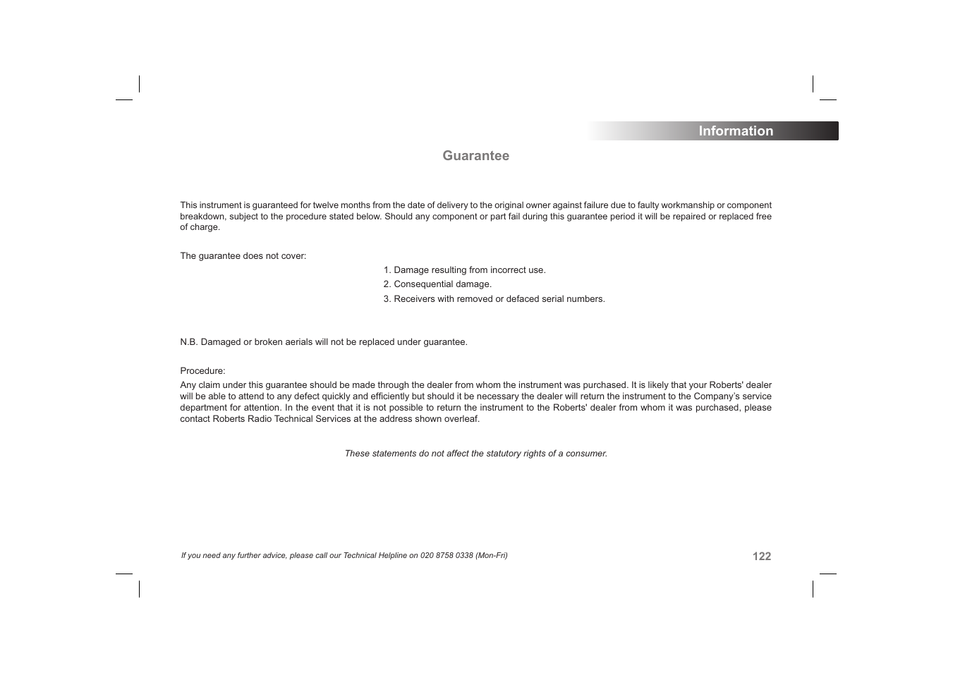 Information guarantee | Roberts Radio 63I User Manual | Page 123 / 124