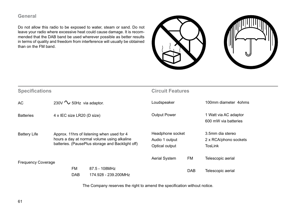 Specifications, Circuit features, General | Roberts Radio MP-30 User Manual | Page 62 / 64