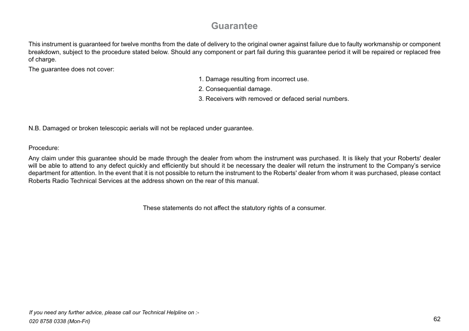 Guarantee | Roberts Radio MP-30 User Manual | Page 63 / 64
