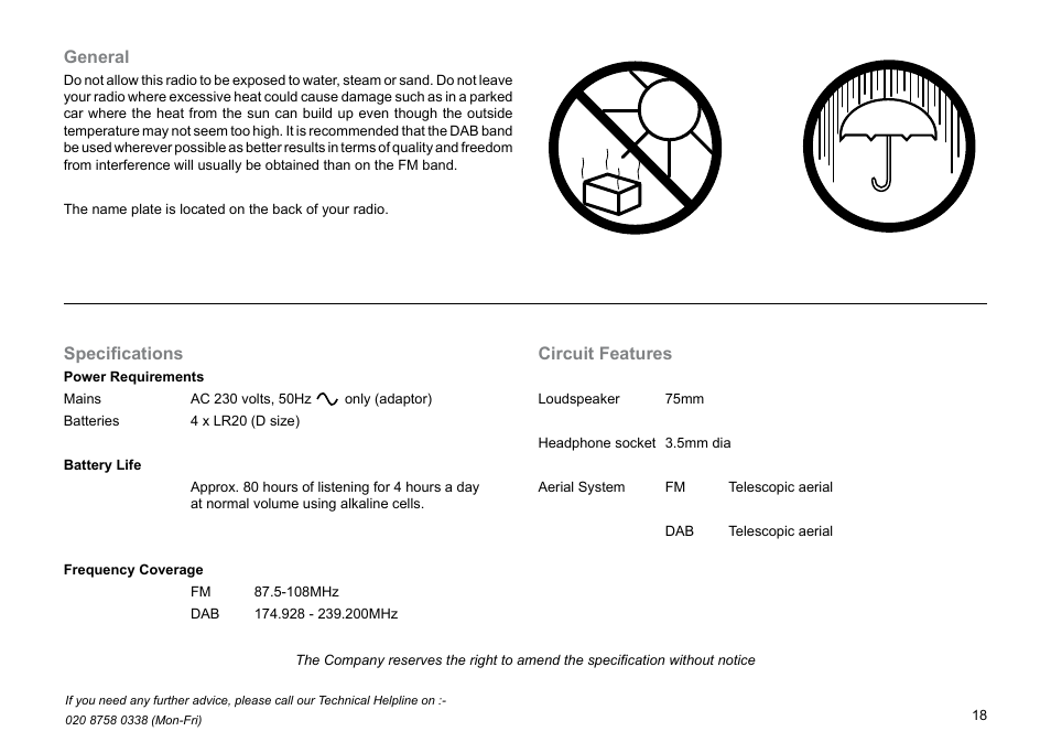 Circuit features, Specifications, General | Roberts Radio Gemini 46 RD-46 User Manual | Page 19 / 20