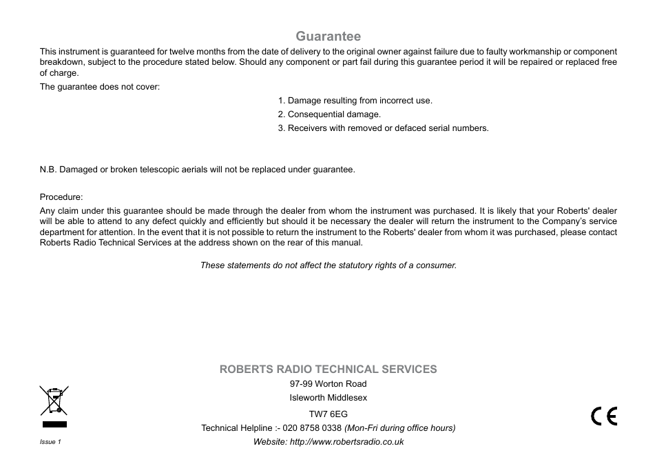 Guarantee, Roberts radio technical services | Roberts Radio Gemini 46 RD-46 User Manual | Page 20 / 20