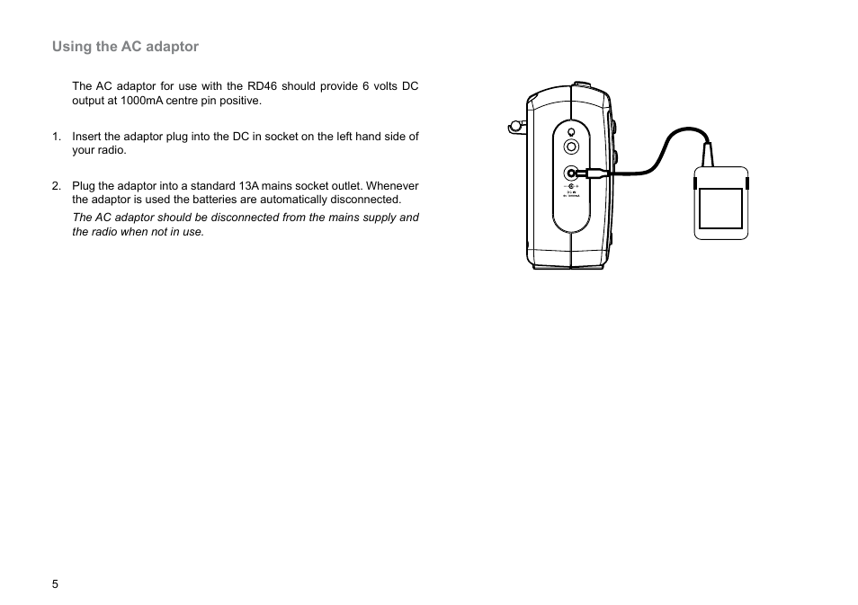 Using the ac adaptor | Roberts Radio Gemini 46 RD-46 User Manual | Page 6 / 20